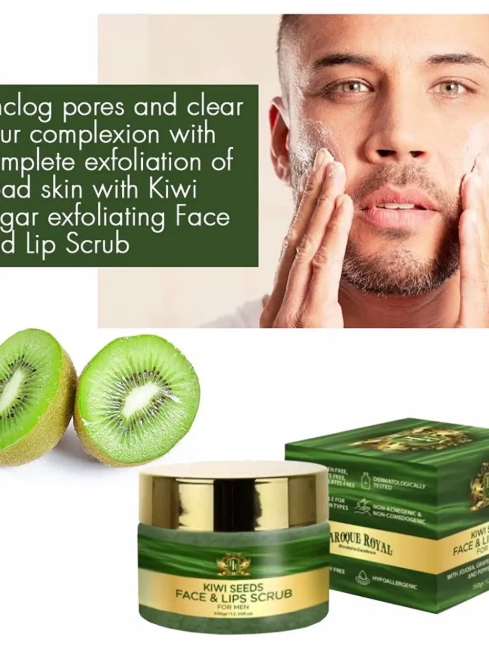 Baroque Royal Kiwi Sugar Exfoliating Face and Lip Scrub for Men, Natural Facial